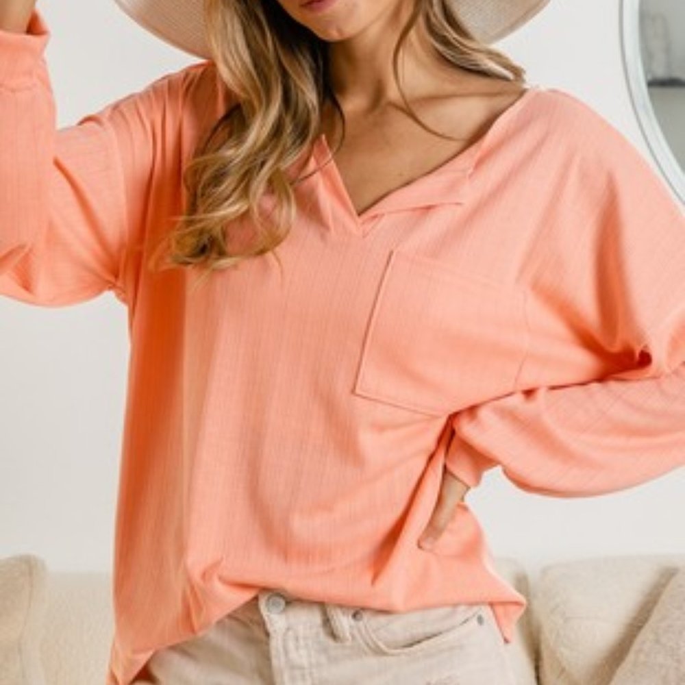 Bibi Ribbed Front Pocket V Neck